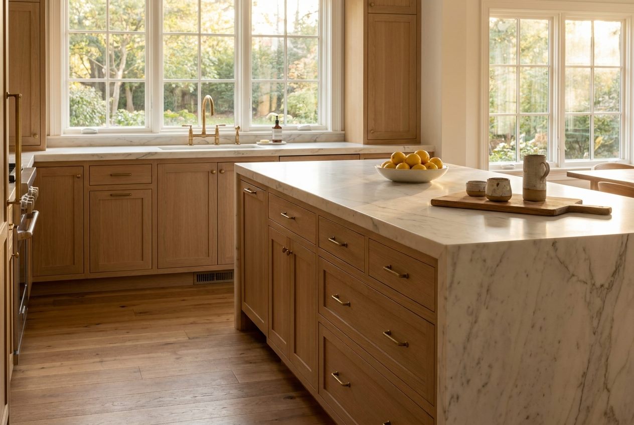 After: the same kitchen, opened up with custom cabinetry and a large island